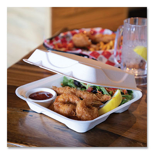 Eco-Products Vanguard Renewable and Compostable Sugarcane Clamshells, 3 Compartments, 9 x 9 x 3, White, 200/Carton (EPHC93NFA)
