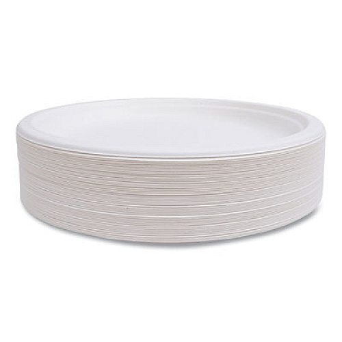 Eco-Products Vanguard Renewable and Compostable Sugarcane Plates, 10" dia, White, 500/Carton (EPP005NFA)