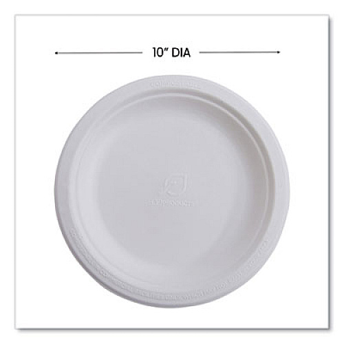 Eco-Products Vanguard Renewable and Compostable Sugarcane Plates, 10" dia, White, 500/Carton (EPP005NFA)