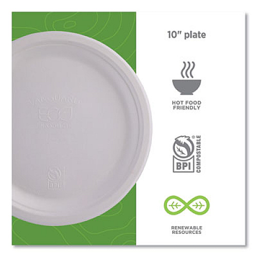 Eco-Products Vanguard Renewable and Compostable Sugarcane Plates, 10" dia, White, 500/Carton (EPP005NFA)