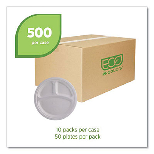Eco-Products Vanguard Renewable and Compostable Sugarcane Plates, 3-Compartment Plate, 10" dia, White, 500/Carton (EPP007NFA)