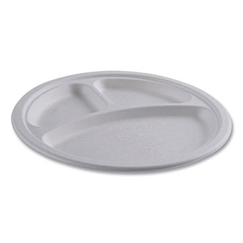 Eco-Products Vanguard Renewable and Compostable Sugarcane Plates, 3-Compartment Plate, 10" dia, White, 500/Carton (EPP007NFA)