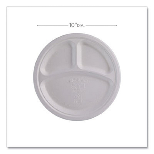 Eco-Products Vanguard Renewable and Compostable Sugarcane Plates, 3-Compartment Plate, 10" dia, White, 500/Carton (EPP007NFA)