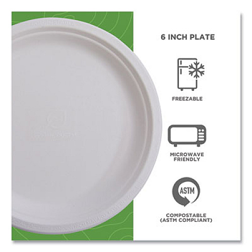 Eco-Products Vanguard Renewable and Compostable Sugarcane Plates, 6" dia, White, 1,000/Carton (EPP016NFA)