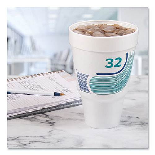Dart Breeze Hot/Cold Insulated Foam Drinking Cups, Squat Pedestal Cup, 32 oz, Teal/White/Blue, 500/Carton (32AJ32B)