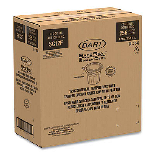 Dart SafeSeal Tamper-Resistant, Tamper Evident Bowls, Flat Lid, 12 oz, 4.36 x 8.84 x 3.51, Clear, Plastic, 256/Carton (SC12F)