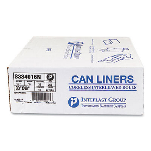 Inteplast Group High-Density Commercial Can Liners, 33 gal, 16 mic, 33" x 40", Clear, Interleaved Roll, 25 Bags/Roll, 10 Rolls/Carton (S334016N)