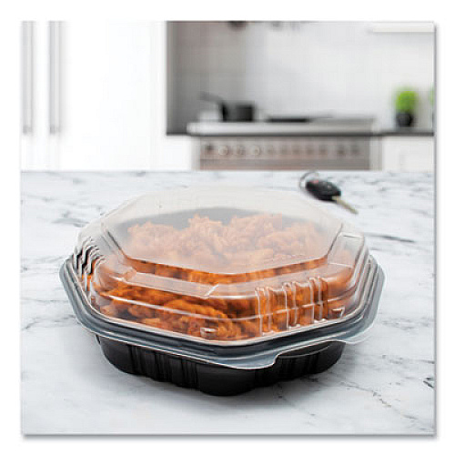 SOLO OctaView Hinged-Lid Hot Food Containers, 7.47 x 7.94 x 3.11, Black/Clear, Plastic, 100/Carton (807011PP94)