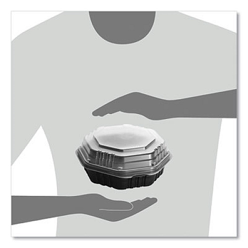 SOLO OctaView Hinged-Lid Hot Food Containers, 7.47 x 7.94 x 3.11, Black/Clear, Plastic, 100/Carton (807011PP94)