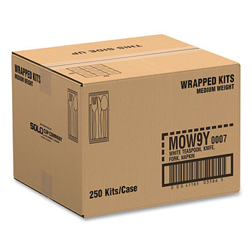 SOLO Regal Mediumweight Cutlery Kit, Individually Wrapped, Fork/Knife/Napkin/Spoon, Plastic, White, 250/Carton (MOW9Y0007)