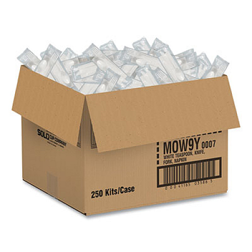 SOLO Regal Mediumweight Cutlery Kit, Individually Wrapped, Fork/Knife/Napkin/Spoon, Plastic, White, 250/Carton (MOW9Y0007)