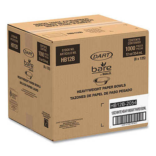 SOLO Bare Eco-Forward Clay-Coated Paper Dinnerware, ProPlanet Seal, Bowl, 12 oz, White, 125/Bag, 8 Bags/Carton (HB12B)