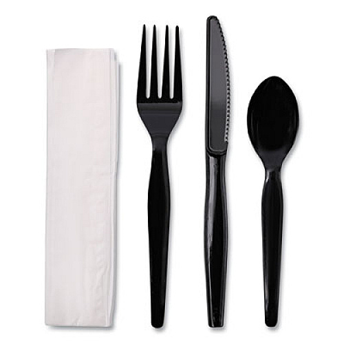 Boardwalk Four-Piece Cutlery Kit, Heavyweight, Fork/Knife/Napkin/Spoon, Plastic, Black, 250/Carton (FKTNHWPSBLA)