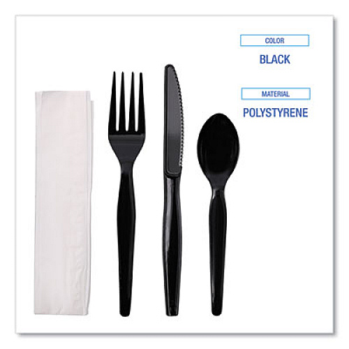 Boardwalk Four-Piece Cutlery Kit, Heavyweight, Fork/Knife/Napkin/Spoon, Plastic, Black, 250/Carton (FKTNHWPSBLA)