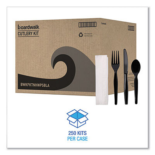 Boardwalk Four-Piece Cutlery Kit, Heavyweight, Fork/Knife/Napkin/Spoon, Plastic, Black, 250/Carton (FKTNHWPSBLA)