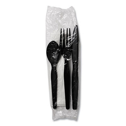 Boardwalk Four-Piece Cutlery Kit, Heavyweight, Fork/Knife/Napkin/Spoon, Plastic, Black, 250/Carton (FKTNHWPSBLA)