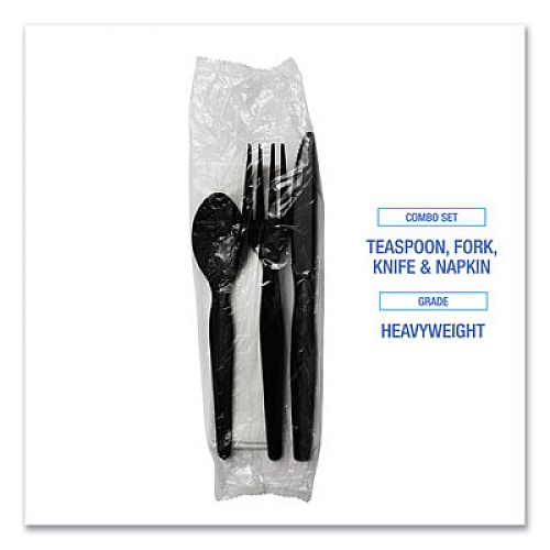 Boardwalk Four-Piece Cutlery Kit, Heavyweight, Fork/Knife/Napkin/Spoon, Plastic, Black, 250/Carton (FKTNHWPSBLA)
