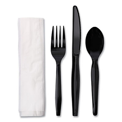 Boardwalk Four-Piece Cutlery Kit, Mediumweight, Fork/Knife/Napkin/Spoon, Plastic, Black, 250/Carton (FKTNMWPSBLA)
