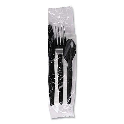 Boardwalk Four-Piece Cutlery Kit, Mediumweight, Fork/Knife/Napkin/Spoon, Plastic, Black, 250/Carton (FKTNMWPSBLA)