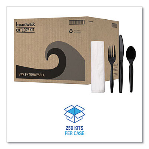 Boardwalk Four-Piece Cutlery Kit, Mediumweight, Fork/Knife/Napkin/Spoon, Plastic, Black, 250/Carton (FKTNMWPSBLA)