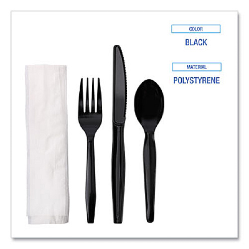 Boardwalk Four-Piece Cutlery Kit, Mediumweight, Fork/Knife/Napkin/Spoon, Plastic, Black, 250/Carton (FKTNMWPSBLA)