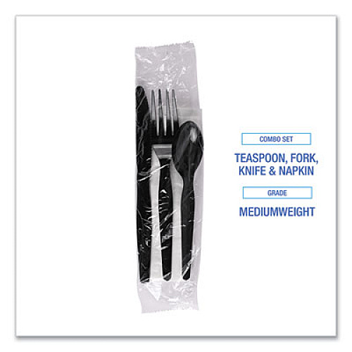 Boardwalk Four-Piece Cutlery Kit, Mediumweight, Fork/Knife/Napkin/Spoon, Plastic, Black, 250/Carton (FKTNMWPSBLA)