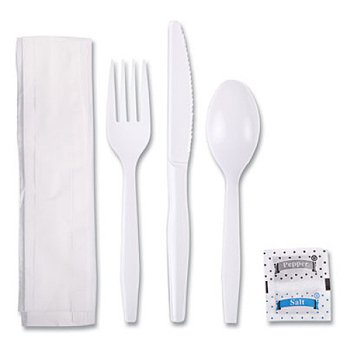 Boardwalk Six-Piece Cutlery Kit, Mediumweight, Fork/Knife/Napkin/Pepper/Salt/Spoon, Plastic, White, 250/Carton (FKTNSMWPSWH)