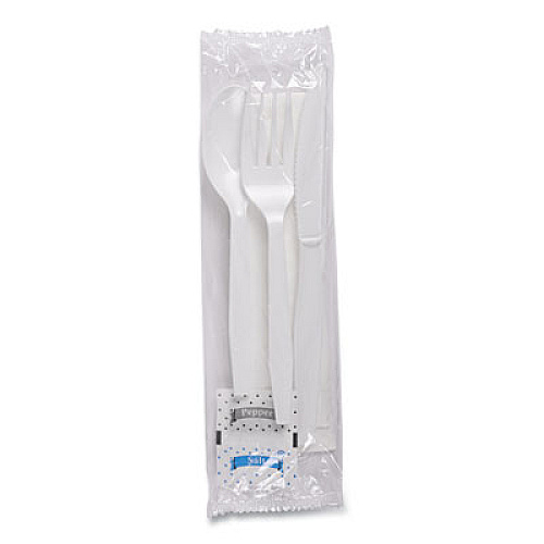 Boardwalk Six-Piece Cutlery Kit, Mediumweight, Fork/Knife/Napkin/Pepper/Salt/Spoon, Plastic, White, 250/Carton (FKTNSMWPSWH)