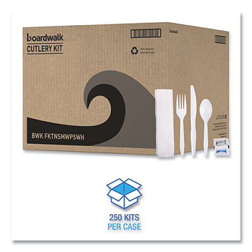 Boardwalk Six-Piece Cutlery Kit, Mediumweight, Fork/Knife/Napkin/Pepper/Salt/Spoon, Plastic, White, 250/Carton (FKTNSMWPSWH)