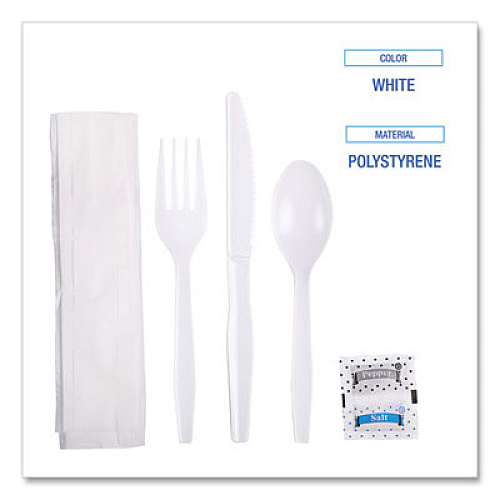 Boardwalk Six-Piece Cutlery Kit, Mediumweight, Fork/Knife/Napkin/Pepper/Salt/Spoon, Plastic, White, 250/Carton (FKTNSMWPSWH)