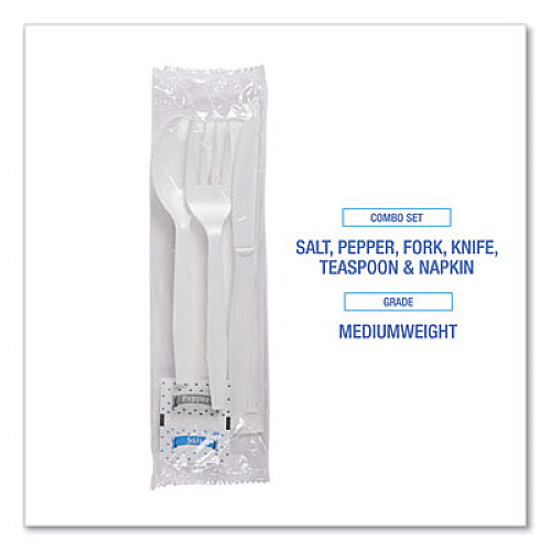 Boardwalk Six-Piece Cutlery Kit, Mediumweight, Fork/Knife/Napkin/Pepper/Salt/Spoon, Plastic, White, 250/Carton (FKTNSMWPSWH)