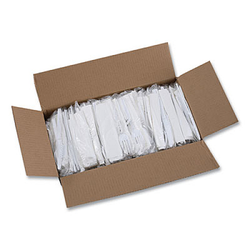 Boardwalk Six-Piece Cutlery Kit, Mediumweight, Fork/Knife/Napkin/Pepper/Salt/Spoon, Plastic, White, 250/Carton (FKTNSMWPSWH)