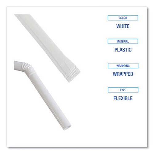 Boardwalk Flexible Wrapped Straws, 7.75", Plastic, White, 500/Pack, 20 Packs/Carton (FSTW775W25)