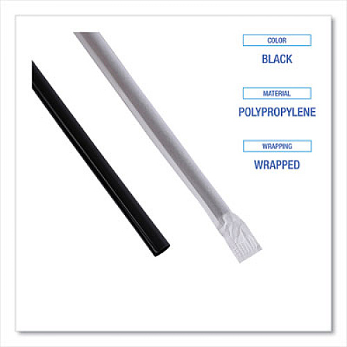 Boardwalk Wrapped Jumbo Straws, 7.75", Polypropylene, Black, 250/Pack, 50 Packs/Carton (JSTW775B)