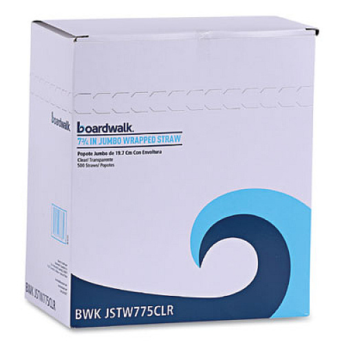 Boardwalk Wrapped Jumbo Straws, 7.75", Polypropylene, Clear, 500/Pack, 24 Packs/Carton (JSTW775CLR)