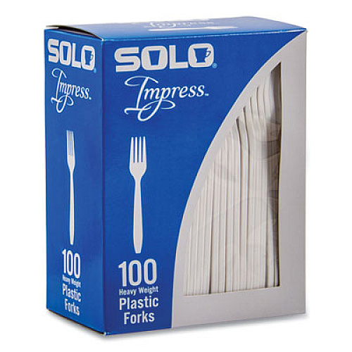 SOLO Impress Heavyweight Full-Length Polystyrene Cutlery, Fork, Plastic, White, 100/Box, 10 Boxes/Carton (HSWFX0007)