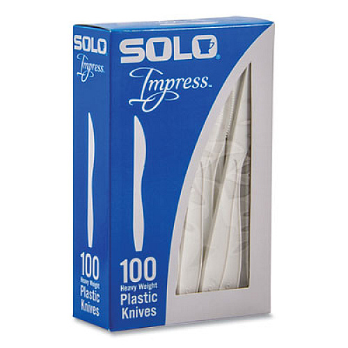 SOLO Impress Heavyweight Full-Length Polystyrene Cutlery, Knife, Plastic, White, 100/Box (HSWKX0007BX)