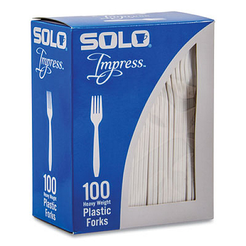 SOLO Impress Heavyweight Full-Length Polystyrene Cutlery, Fork, Plastic, White, 100/Box (HSWFX0007BX)