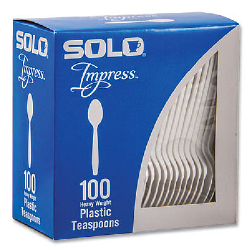 SOLO Impress Heavyweight Full-Length Polystyrene Cutlery, Spoon, Plastic, White, 100/Box (HSWTX0007BX)