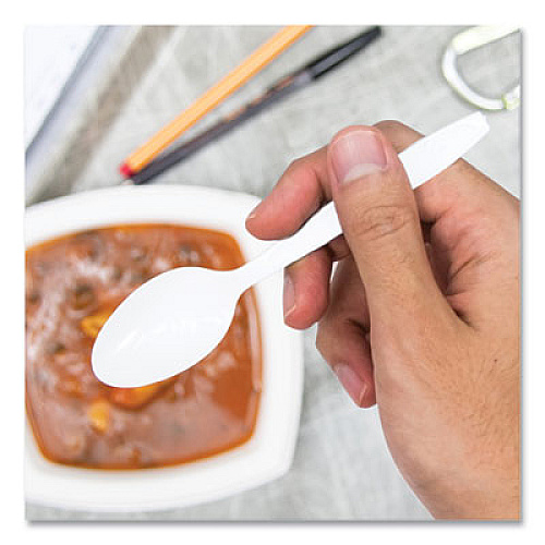 SOLO Impress Heavyweight Full-Length Polystyrene Cutlery, Spoon, Plastic, White, 100/Box (HSWTX0007BX)