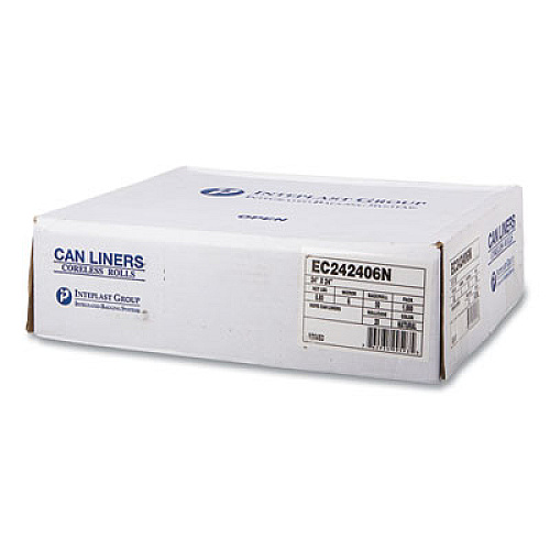 Inteplast Group High-Density Commercial Can Liners, 10 gal, 6 mic, 24" x 24", Natural, Perforated Roll, 50 Bags/Roll, 20 Rolls/Carton (EC242406N)