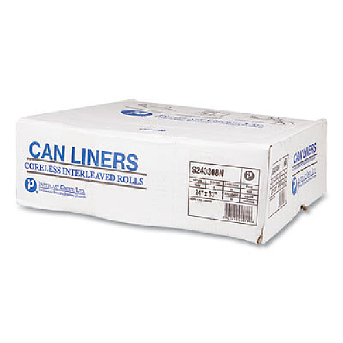 Inteplast Group High-Density Commercial Can Liners, 16 gal, 8 mic, 24" x 33", Natural, Interleaved Roll, 50 Bags/Roll, 20 Rolls/Carton (S243308N)