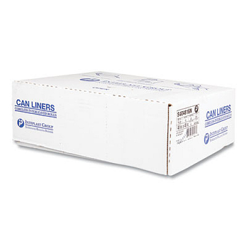 Inteplast Group High-Density Commercial Can Liners, 45 gal, 16 mic, 40" x 48", Clear, Interleaved Roll, 25 Bags/Roll, 10 Rolls/Carton (S404816N)