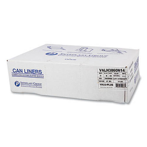 Inteplast Group High-Density Commercial Can Liner Value Pack, 60 gal, 12 mic, 38" x 58", Clear, Interleaved Roll, 25 Bags/Roll, 8 Rolls/CT (VALH3860N14)