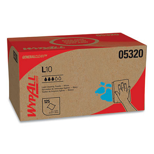 WypAll L10 Towels, POP-UP Box, 1-Ply, 9 x 10.5, White, 125/Box, 18 Boxes/Carton (05320)