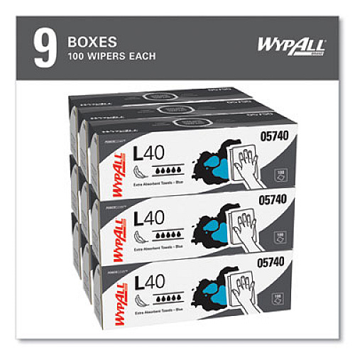 WypAll L40 Towels, POP-UP Box, 9.8 x 16.4, Blue, 100/Box, 9 Boxes/Carton (05740)