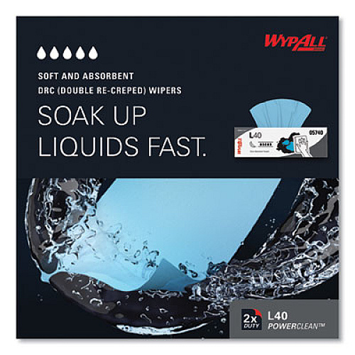 WypAll L40 Towels, POP-UP Box, 9.8 x 16.4, Blue, 100/Box, 9 Boxes/Carton (05740)
