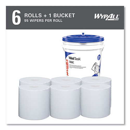 WypAll Power Clean Wipers for WetTask Customizable Wet Wiping System with (1) Bucket, 6 x 12, Unscented, 95/Roll, 6 Rolls/Carton (06001)