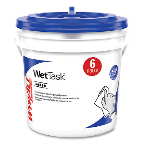 WypAll Critical Clean Wipers for Bleach, Disinfectants, Sanitizers WetTask Customizable Wet Wiping System, w/Bucket,140/Roll, 6/CT (06411)