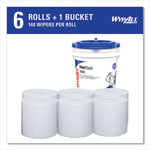 WypAll Critical Clean Wipers for Bleach, Disinfectants, Sanitizers WetTask Customizable Wet Wiping System, w/Bucket,140/Roll, 6/CT (06411)